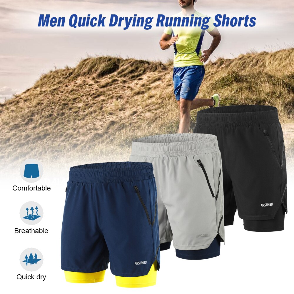 Arsuxeo heren s 2- in -1 hardloopshorts snel drogend ademend fitness training jogging fietsshorts met langere voering