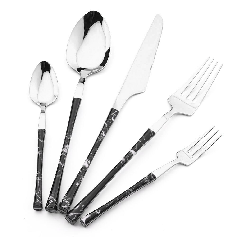 1/2/4/6/8Set Imitatie Marmer Servies Bestek Roestvrij Staal Bestek Set Keuken houten Handvat Mes Vork Lepel Servies: 1 set / Black Silver