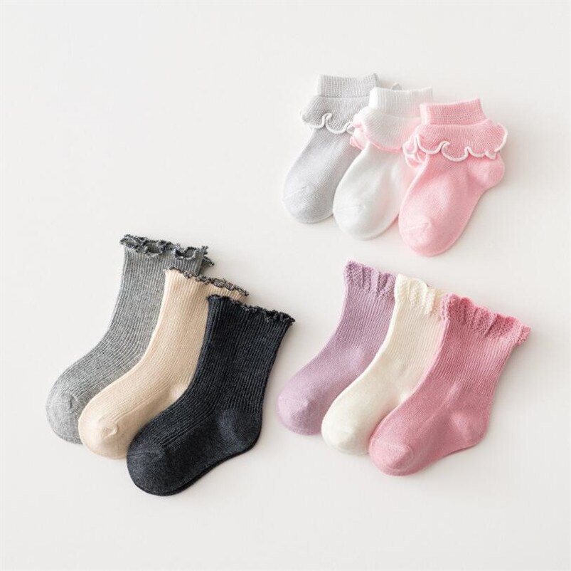 3 Paren/partij Pairs Baby Sokken Lente &amp; Herfst Katoen Snoep Kleuren Meisjes Kant Sokken Met Jongens Sport Sokken kids Meias