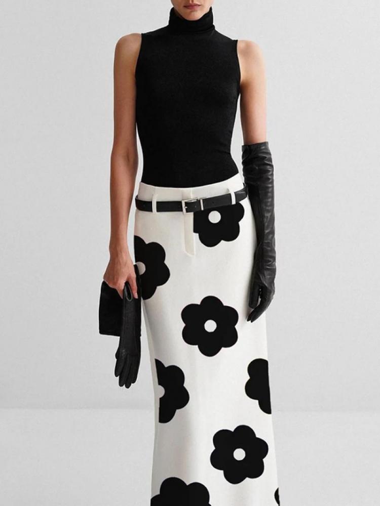 Bonboho Black and White Women's Skirt High Waist Floral Printed H-line Skirts Split-back Regular Fit Floor Length Bottoms
