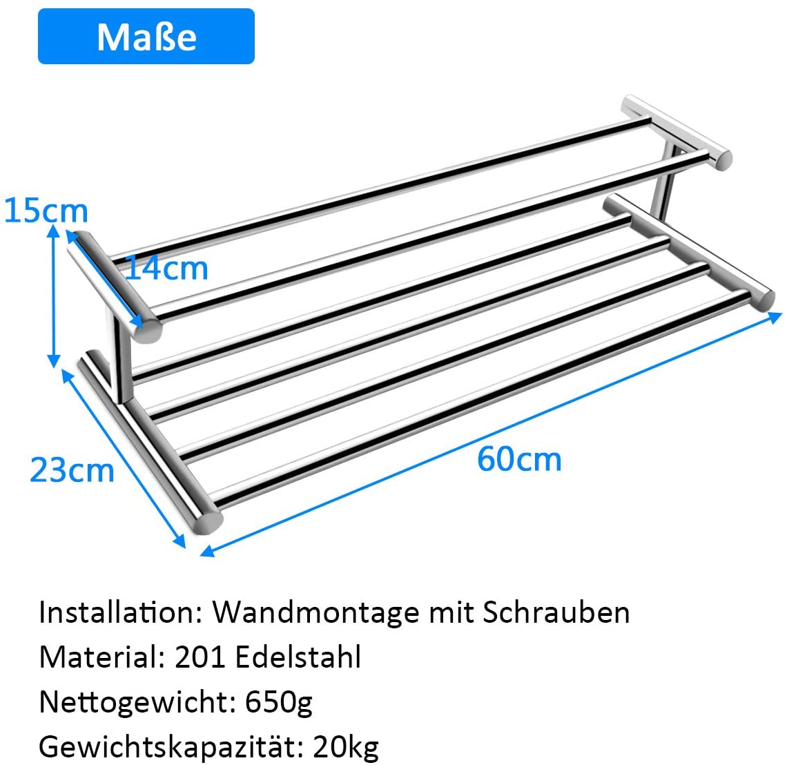Toallero plegable de acero inoxidable para baño, estante de toalla montado en la pared de dos niveles, 60cm, 304