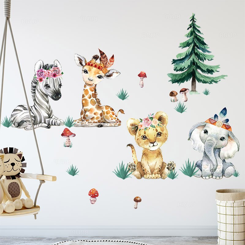 Large Cartoon African Animals Wall Stickers for Kids Room Elephant Giraffe Home Decor PVC Vinyl Wall Baby Room Decoration