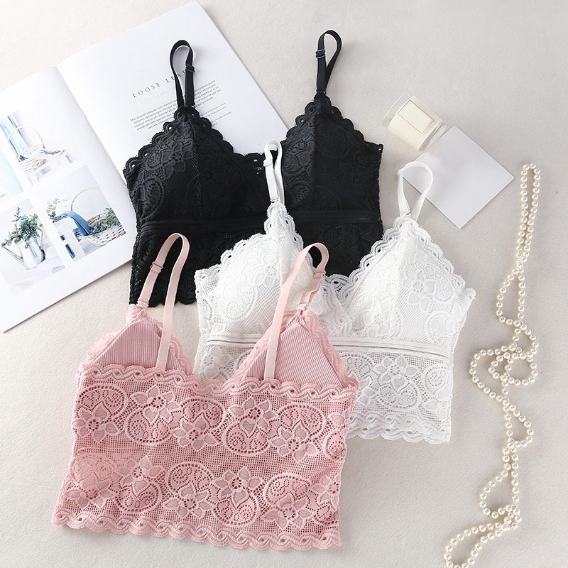 Women Wireless Bra Padded Bralette Deep V Lace Bras Summer Crop Top Embroidery Floral Tank Top