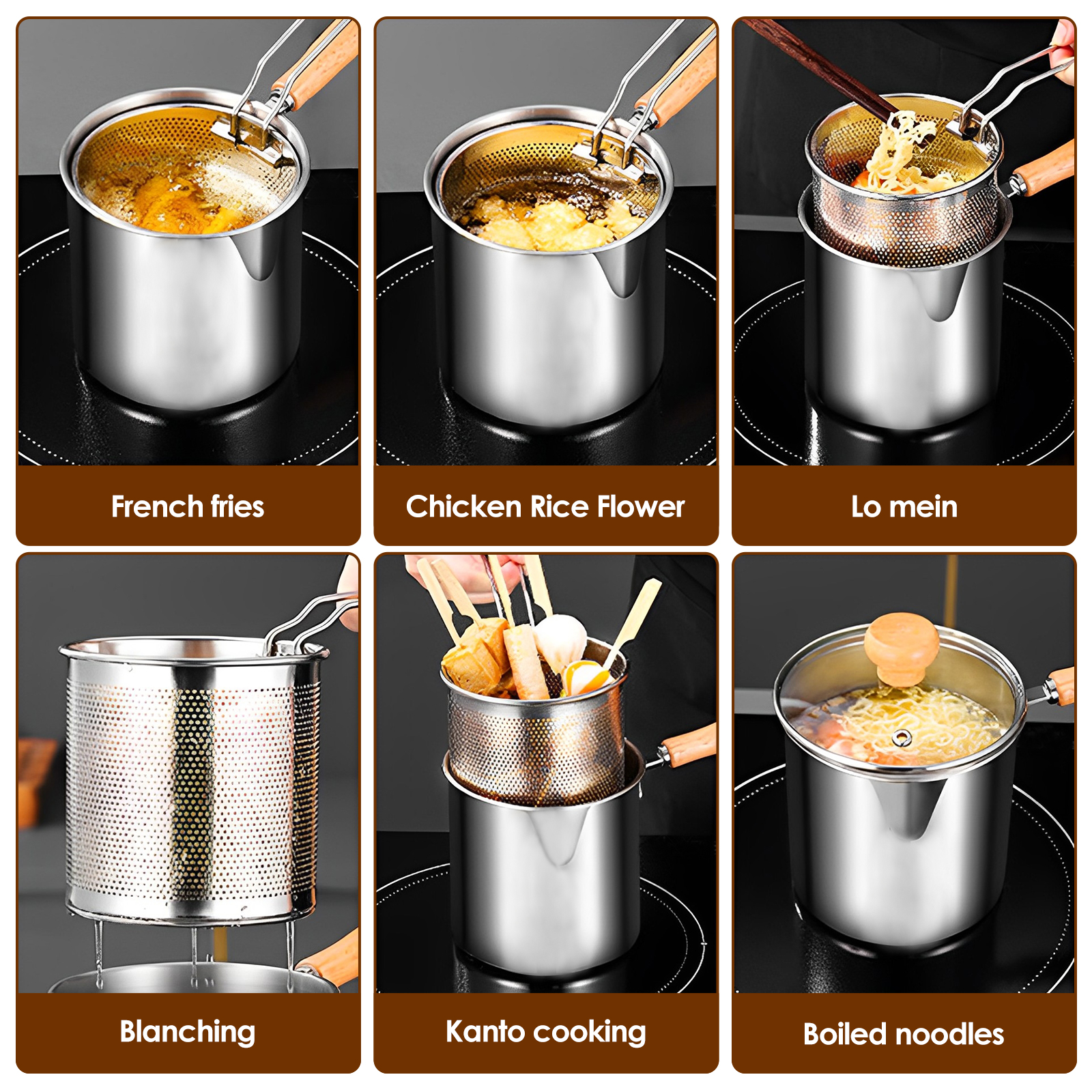 Poêle à frire en acier inoxydable, friteuse de cuisine avec panier à passoire, poêle à frire Tempura, poulet, frites, outils de cuisine