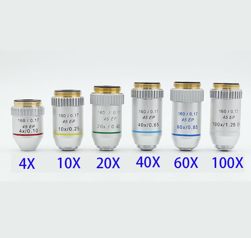 195 45EP Semi Plan Achromatic Objective Lens 4X 10X 20X 40X 60X 100X 160/0.17 for Biological Microscope