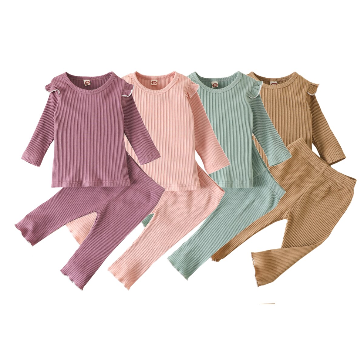 2Pcs Cotton Toddler Infant Girls Clothing Set Fall Ribbed Stripes Ruffle Long Sleeves Elastic Tops+Pants Kids Sleepwear