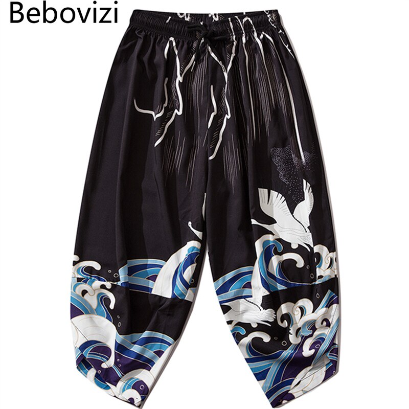 Bebovizi-Conjunto de pantalones tipo Kimono para hombre y mujer, pantalón negro holgado con cintura elástica, estilo chino, estilo japonés,