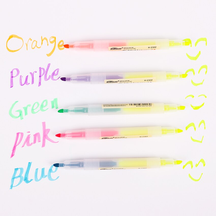 TENFON-Juego de 5 bolígrafos de colores, resaltador de doble cabeza para oficina, papelería, para chico, H-2302