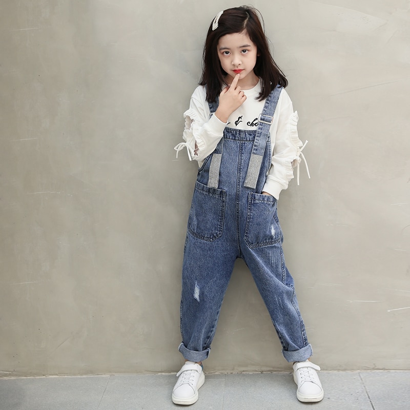 Flickoverall barn denim jumpsuit barn overall jeans vår höst jeans byxor cowboyfickor ytterkläder 6-16t