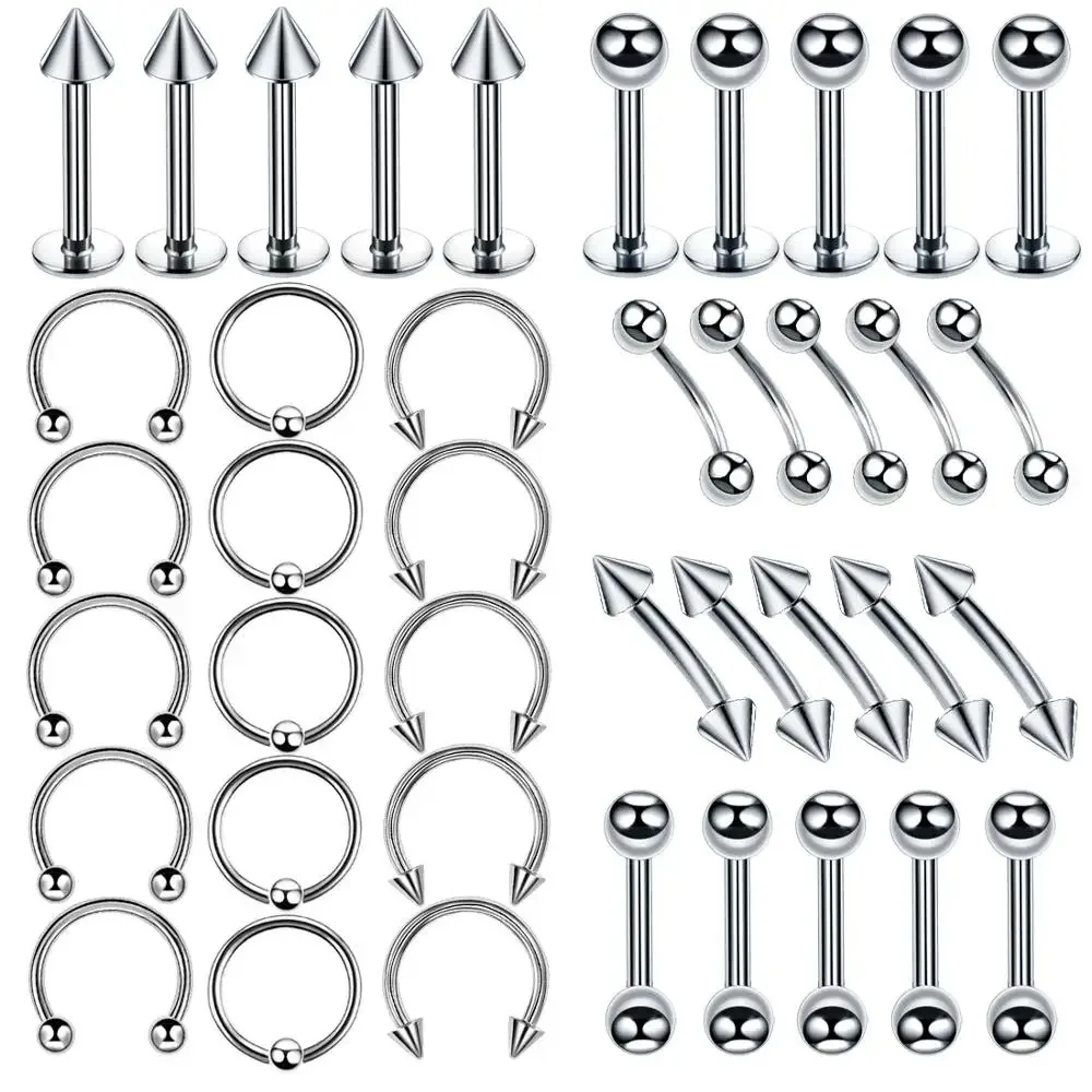 40/60PC/Set 14G Stainless Steel Nose Ear Belly Lip Tongue Ring Captive Bead Eyebrow Bar Piercing Kit Sexy Body Piercing Jewlry: WHITE / Light Yellow Gold Color