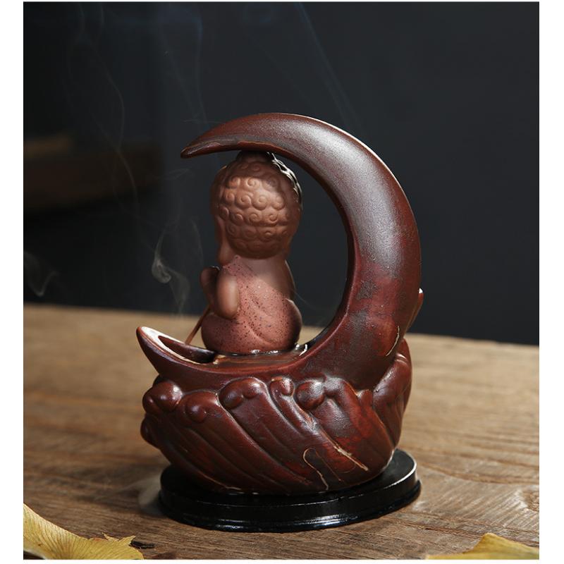 Small Buddha Backflow Incense Burner Smoke Waterfall Incense Sticks Holder Ceramic Lotus Flower Incense Censer Decorative Buddha