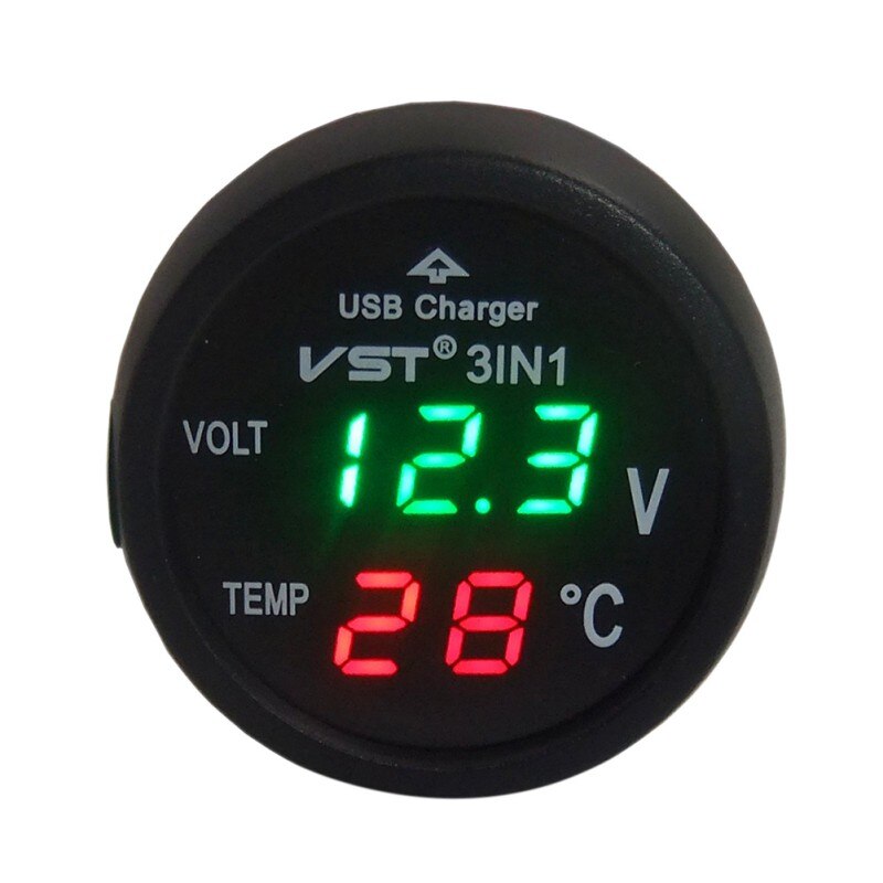 3 In 1 Digitale Led Auto Voltmeter Thermometer Auto Usb Lader 12V/24V Temperatuur meter Voltmeter Sigarettenaansteker: Green Red