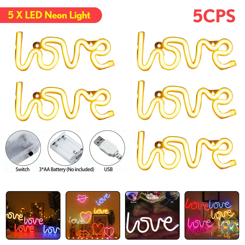 Romantic LOVE Letters LED Night Light USB Charging Home Decor Neon Lamp USB Charging battery box lamp Home led night lamp: 5PC Yellow
