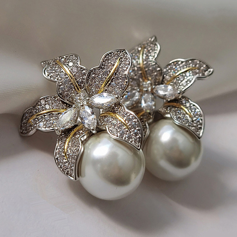 Huitan – boucles d'oreilles en Imitation de perles pour femmes, magnifique fleur, incrustée de luxe, pierre CZ scintillante, bijoux de mariage à la , , Lots: Couleur or jaune pâle