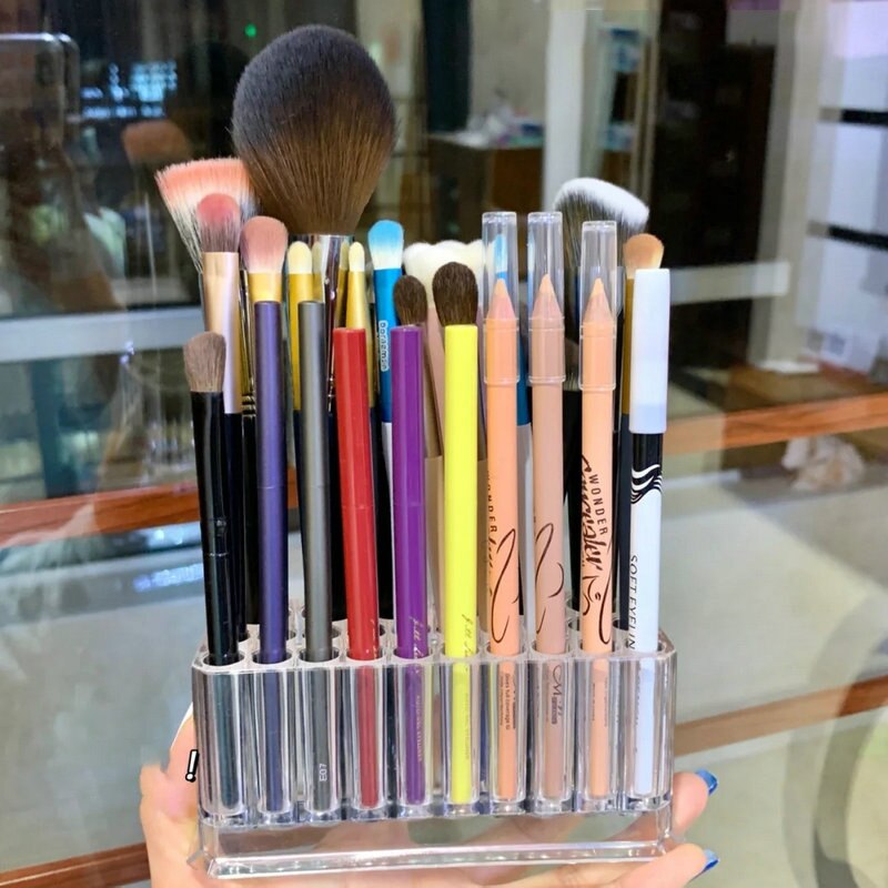 26 reikää meikkisivellin järjestäjä kulmakynät eyeliner pidike kosmetiikka kynäsäilytys teline seisova muovi lasi naisten työpöytä