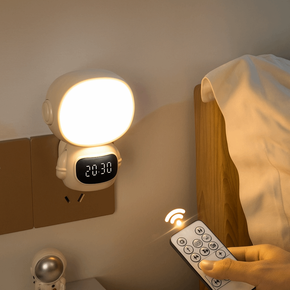 Warm licht astronautenklok nachtlampje digitale klok usb oplaadbaar afstandsbediening dimbare ledlamp 3- -in- -1 oogvriendelijke lamp