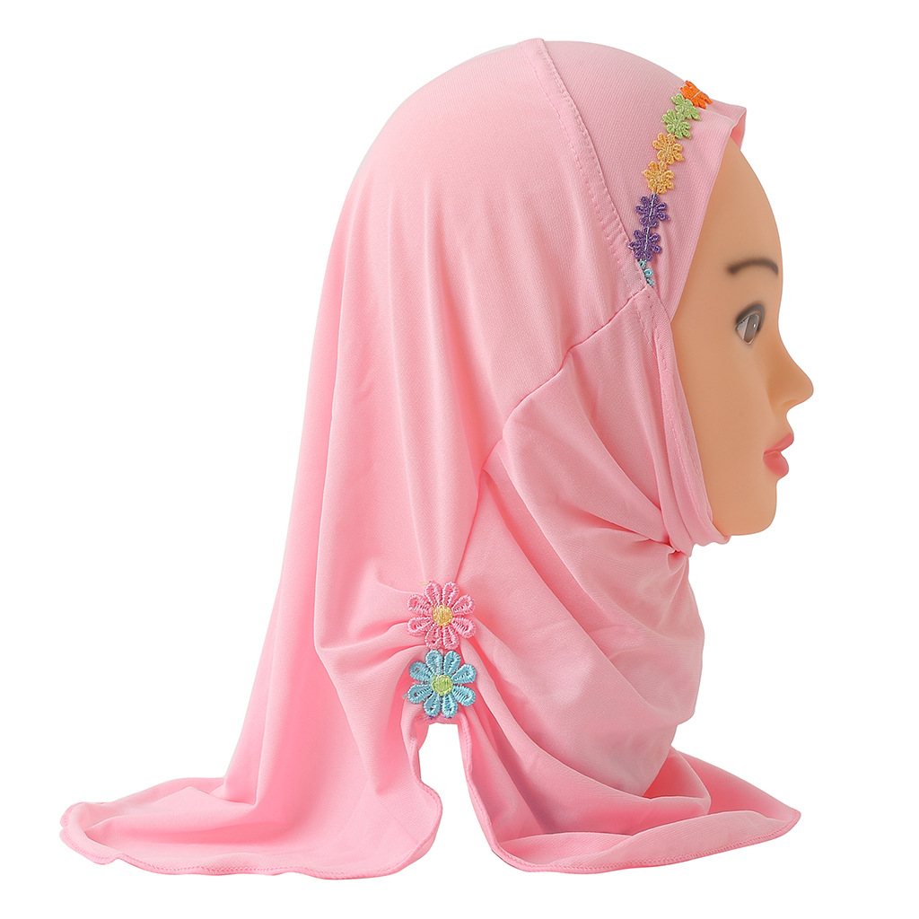 Chapeau de prière pour petite fille musulmane, une pièce, Hijab al-amira avec fleurs, couvre-cou islamique