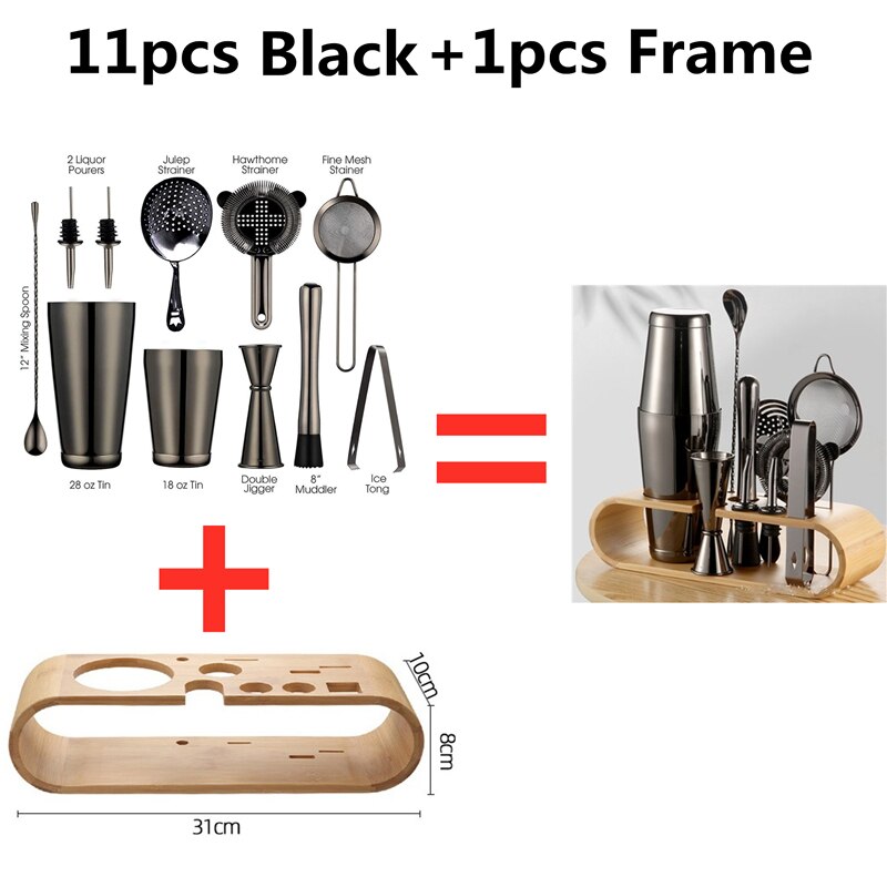 13 pçs/set aço inoxidável cocktail shaker gelo tong mixer bebida boston bartender browser kit barras conjunto ferramentas barra profissional: 11 Black 1 Frame