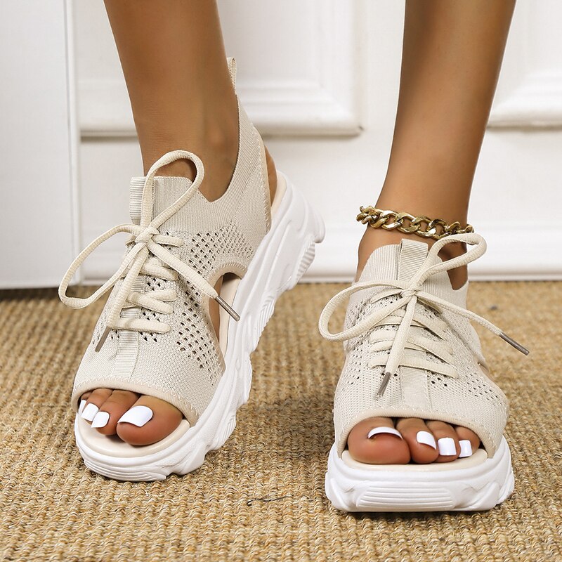 2022 Zomer Vrouwen Sandalen Mesh Casual Schoenen Wit Dikke Zolen Lace-Up Sandalias Open Teen Strand Schoenen Voor vrouwen Zapatos Mujer