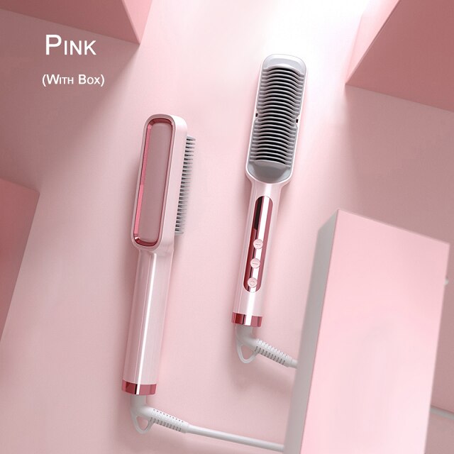 Comb Electric Hair Straightening Brush Anti-scalding Hair Straightening Comb Fast Heated Flat Iron Ceramic Hair Curler Curl: Pink / UK
