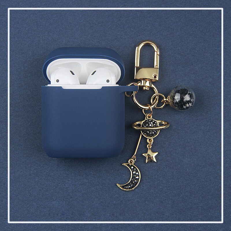 Luxury Diamond Moon Silicone Case for Apple Airpods Case Accessories Bluetooth Earphone Headphones Protect Cover Pearl Key Ring: High Quality Blue