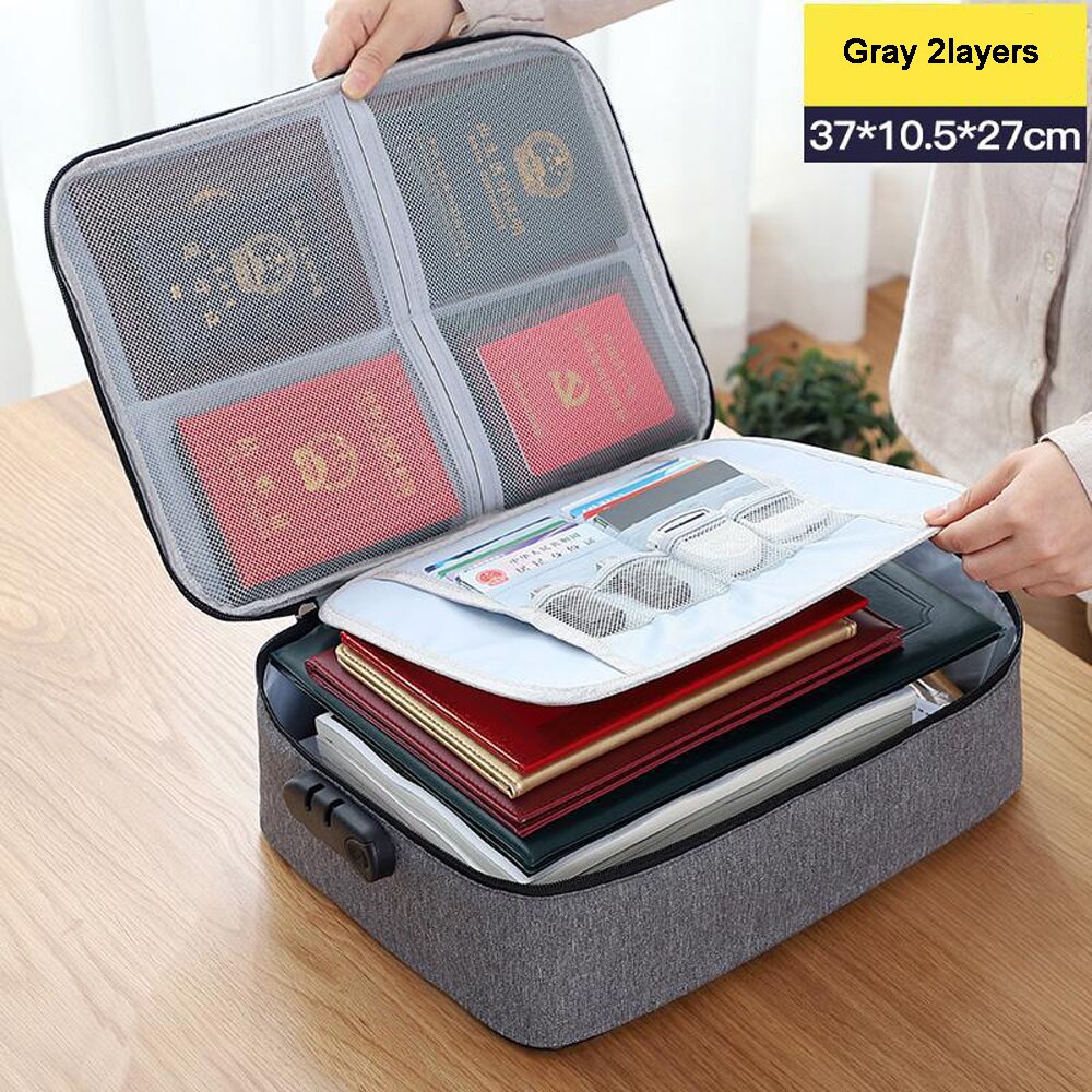 Large Capacity Multi-Layer Document Tickets Storage Bag Certificate File Organizer Case Home Travel Passport Briefcase with Lock: 2layers gray