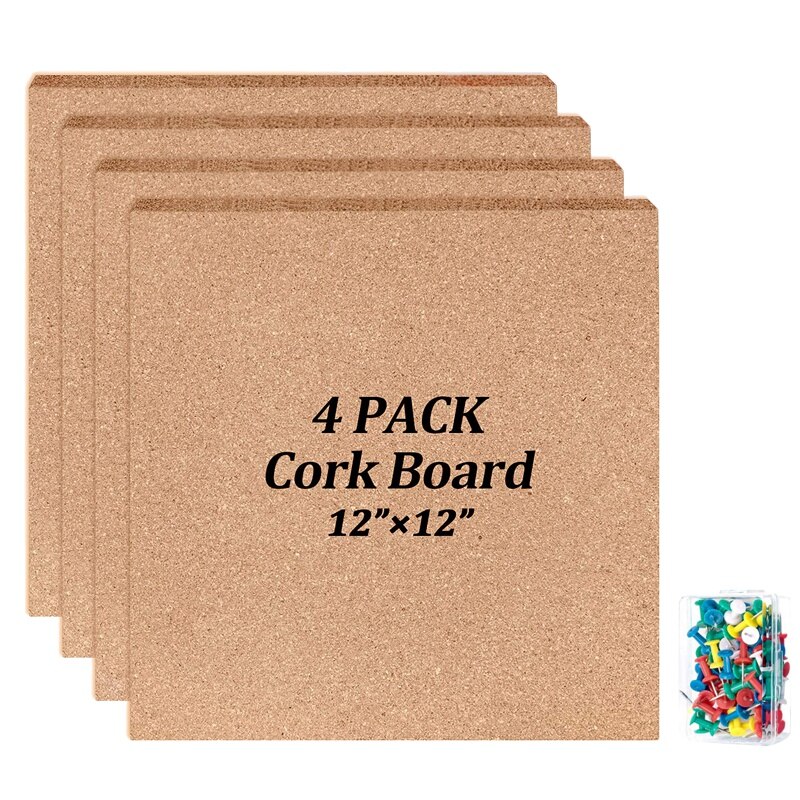 4 Pack Cork Board Tiles with 50x Push Pins 12 Inch X12 Inch-1/2 Inch Thick Bulletin Board Mini Wall Strong Self Adhesiv