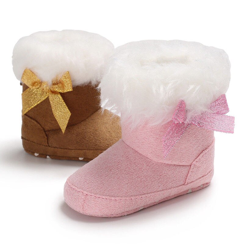 Newly Winter Toddler Baby Girl Boy Warm Boots Booties Snow Slippers Solid Fur Slip-On Bow Flat With Heel Cotton Shoes 0-18M