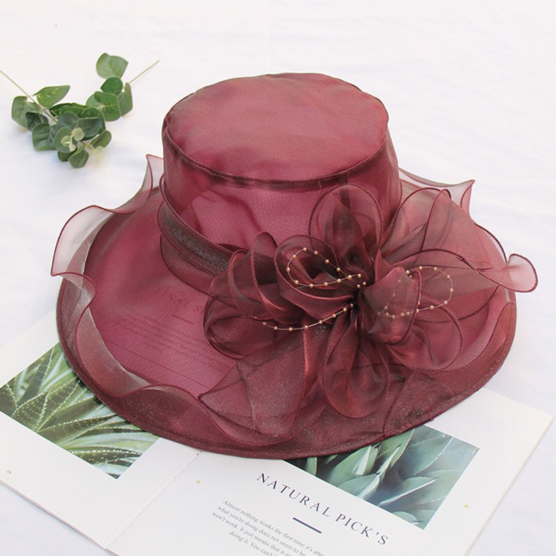 FS -sombreros de Iglesia transpirables para mujer, sombrero de ala ancha de Organza, gris, púrpura, para de té, con flor de malla: Wine Red Hat