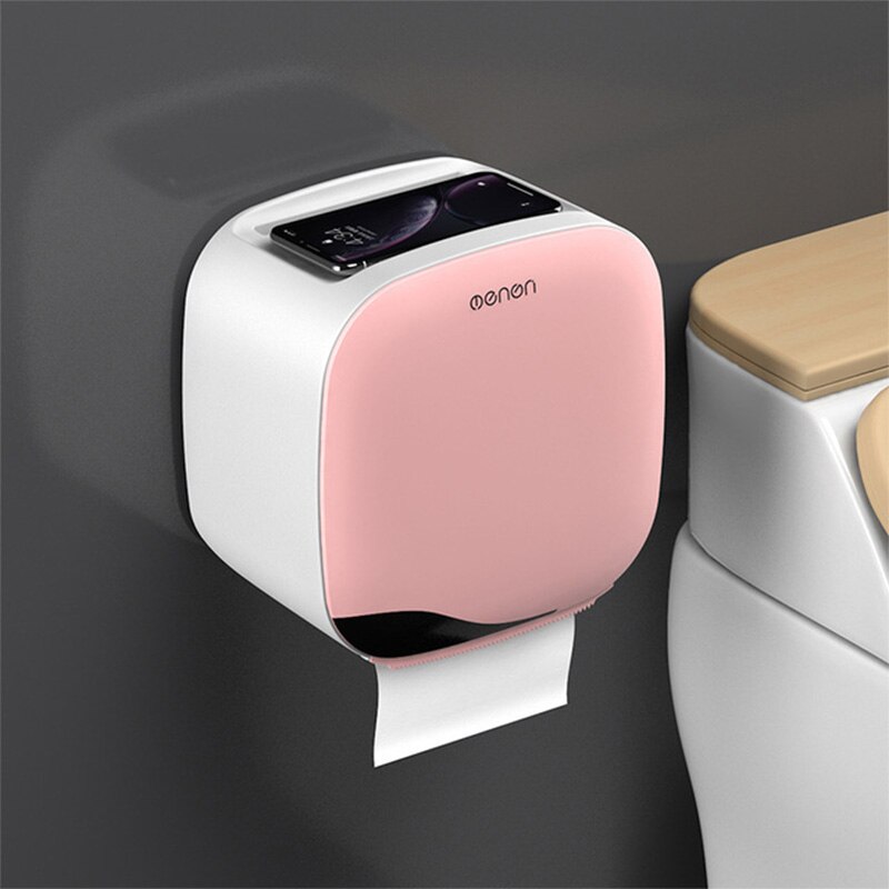 Toilet Paper Holder Waterproof Wall Mount Shelf Tissue Box Toilet Paper Tray Roll Paper Tube Bathroom Storage Box Organizer: Pink A
