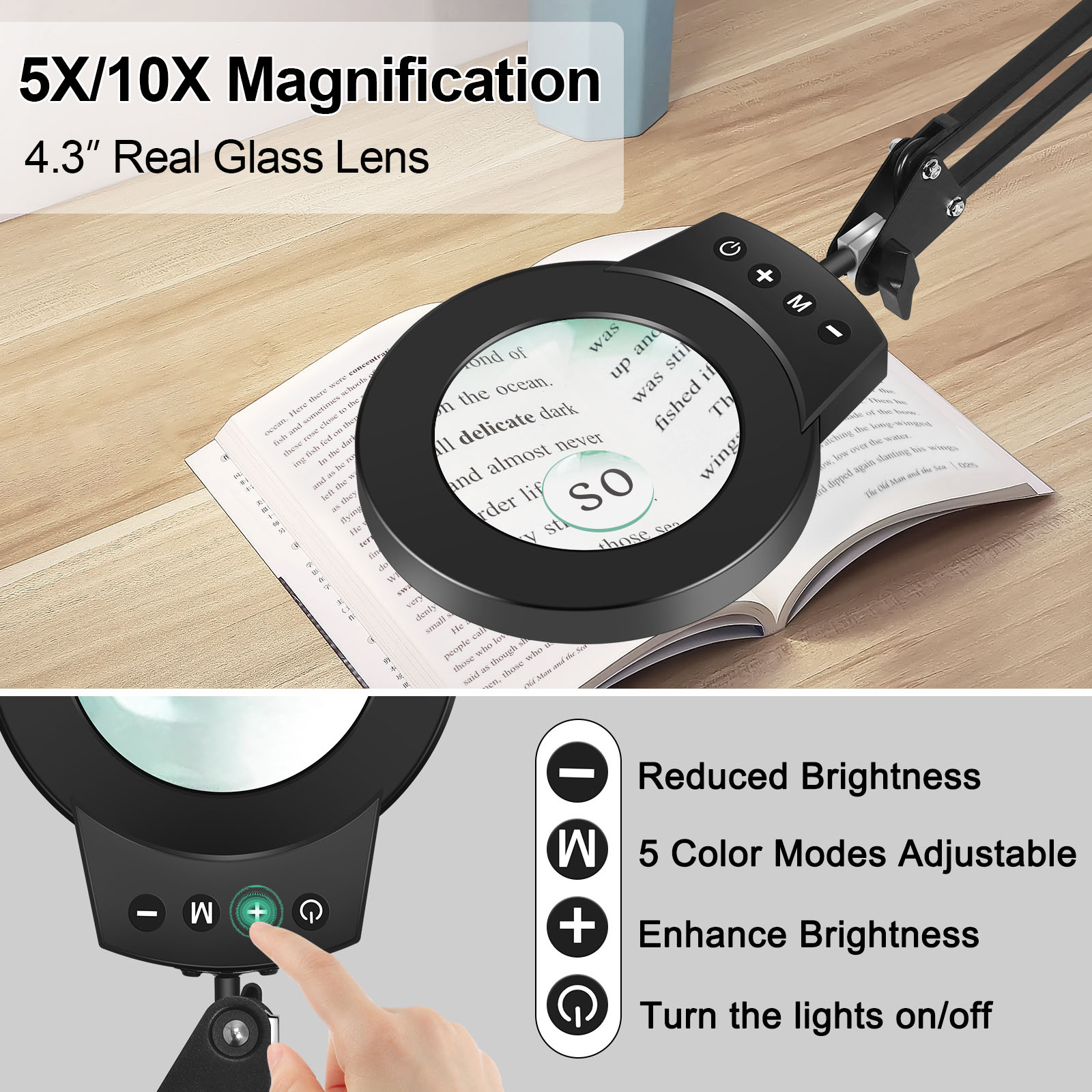 Lámpara de lupa de brazos oscilantes largos 5X/10X con luces LED de ajuste de 5 colores lámpara de mesa de lectura para reparación de soldadura trabajo cercano