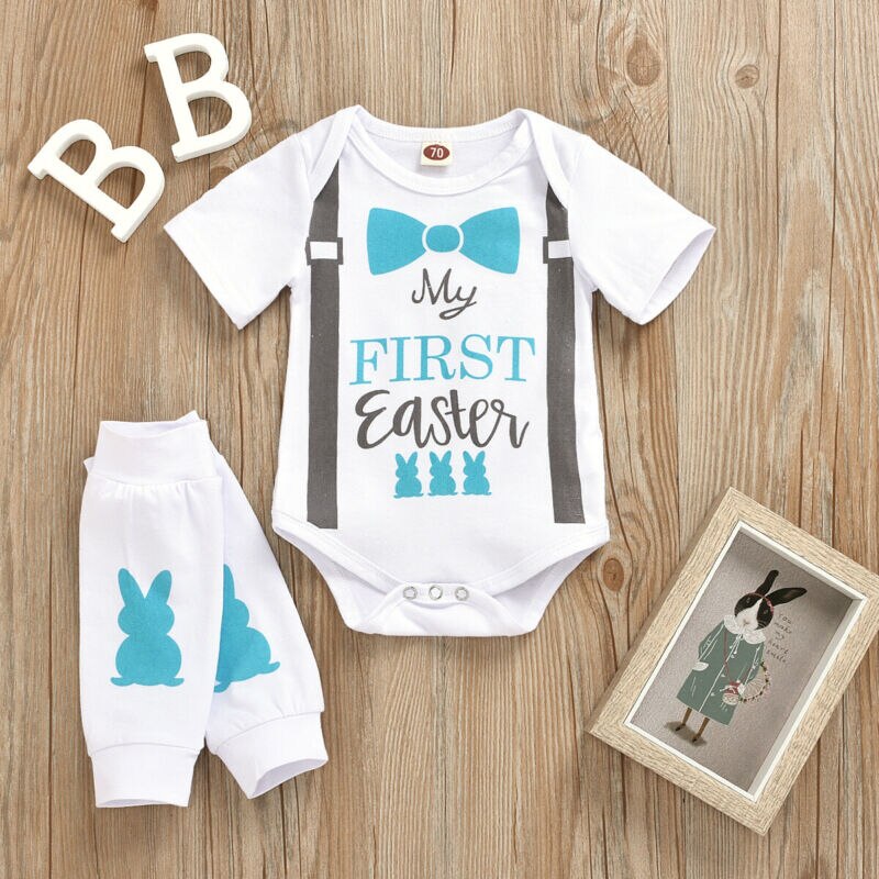 Baby sommarkläder nyfödd pojke flicka unisex bomull jumpsuit kortärmad klöver bodysuit påskkläder set soldräkt