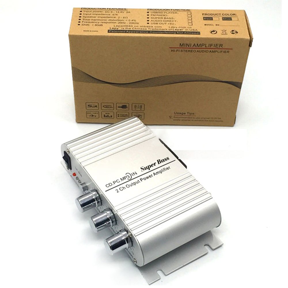 LP-808 Power Car Amplifier MP3 Radio Audio Stereo Bass Speaker Booster Player for Motorbike Home PC DVD CD 12-14.4V 2A Silver