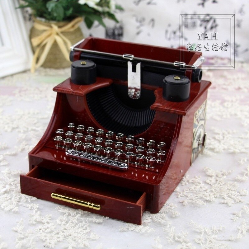 Typewriter Music Box Dynamic Chain on Vintage Music Box with Drawer Jewelry Box