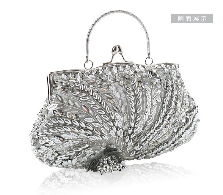 Luxe avondjurken voor dames, clutches, handtassen, klassieke handtassen, kralen, bruidstassen, damestassen, diner- en feesttassen.: Zilver