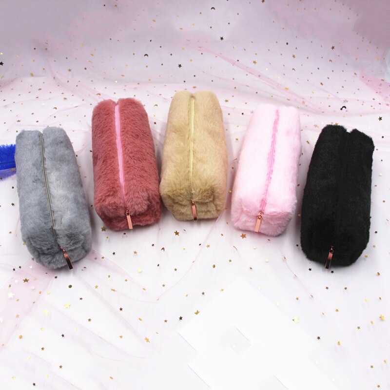 Leuke Pluche Potlood Pen Pouch Faux Fur Lichtgewicht Grote Capaciteit Stationaire Cosmetica Tassen Voor Studenten Meisjes SK88