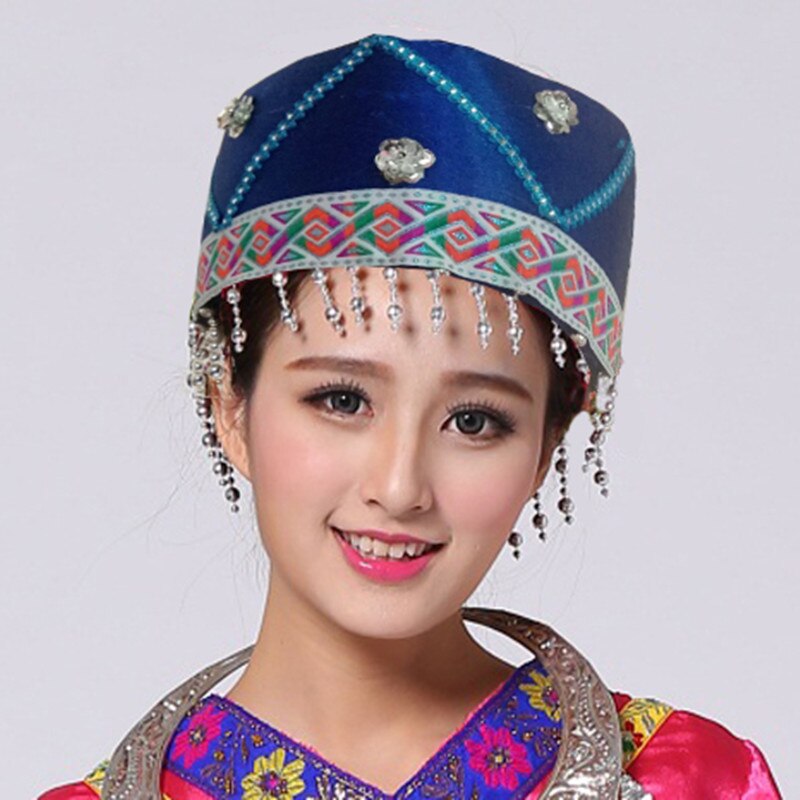 Red Blue Tassel Miao Headpiece Hmong Minority Hat Traditional Dong Nationality Dance Head wear Festival Performance Headdress