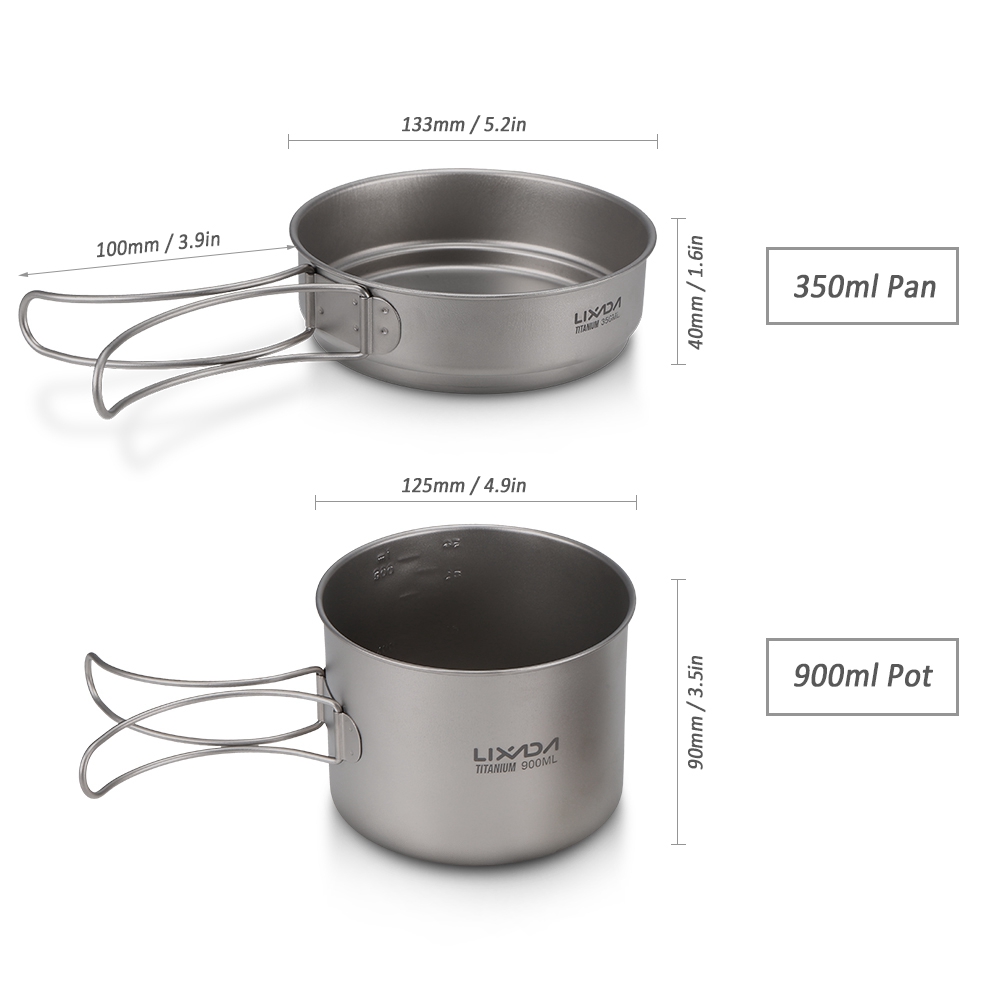 Lixada Ultraleicht Titan 900/1100ml Topf und 350ml Braten Pfanne Cookset draussen Camping Picknick Kochgeschirr einstellen mit klapp Griffe: 900ml Topf 350ml Pfanne