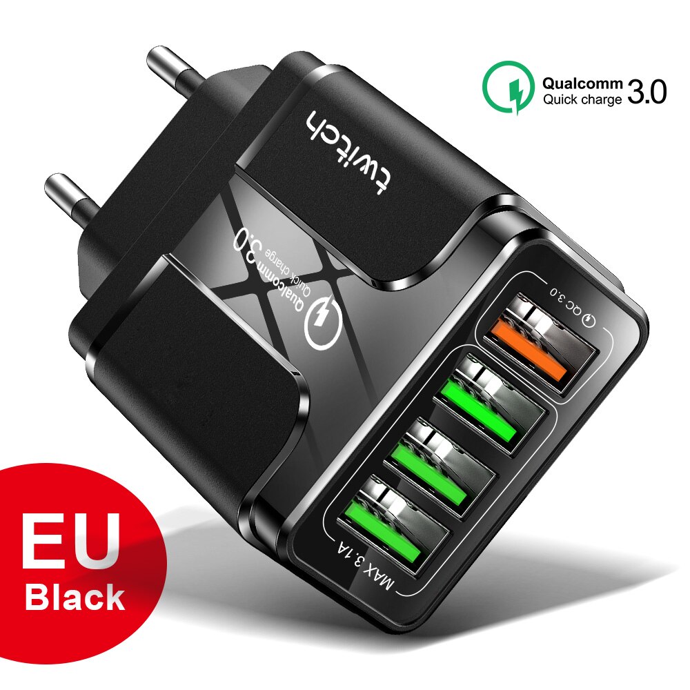 Twitch 3A Quick Charge 3.0 USB Charger EU Plug 4 Ports LED Wall Charger For iPhone XR MAX Fast Charging Head For Samsung Xiaomi: EU Black