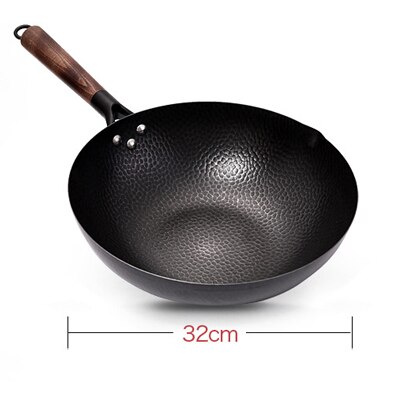 Jern wok med træhåndtag traditionelt håndlavet jern wok køkken non-stick pande ikke-belægning gaskomfur køkkengrej: Enkelt gryde