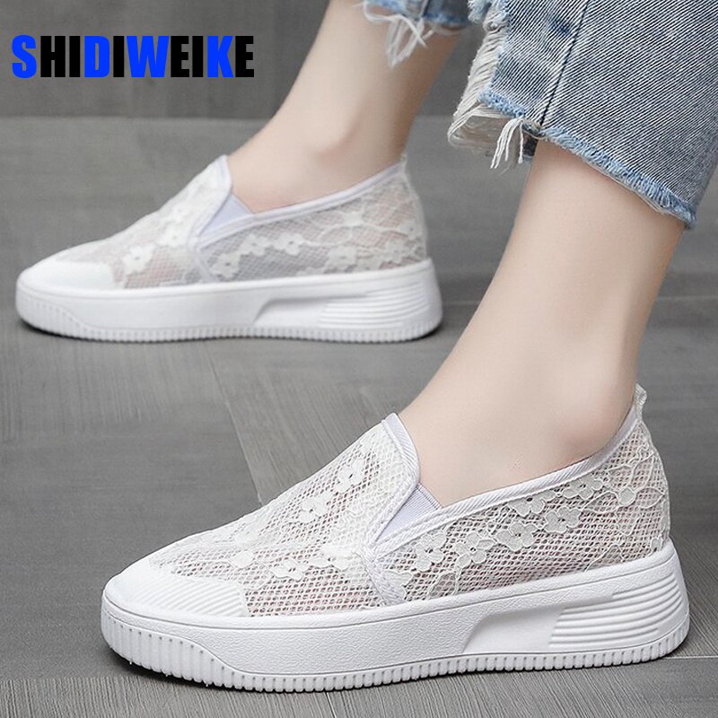 Respirant Polka Lace mocassins femme sans lacet mocassins peu profonds chaussures femmes patchwork bout rond maille espadrilles plat