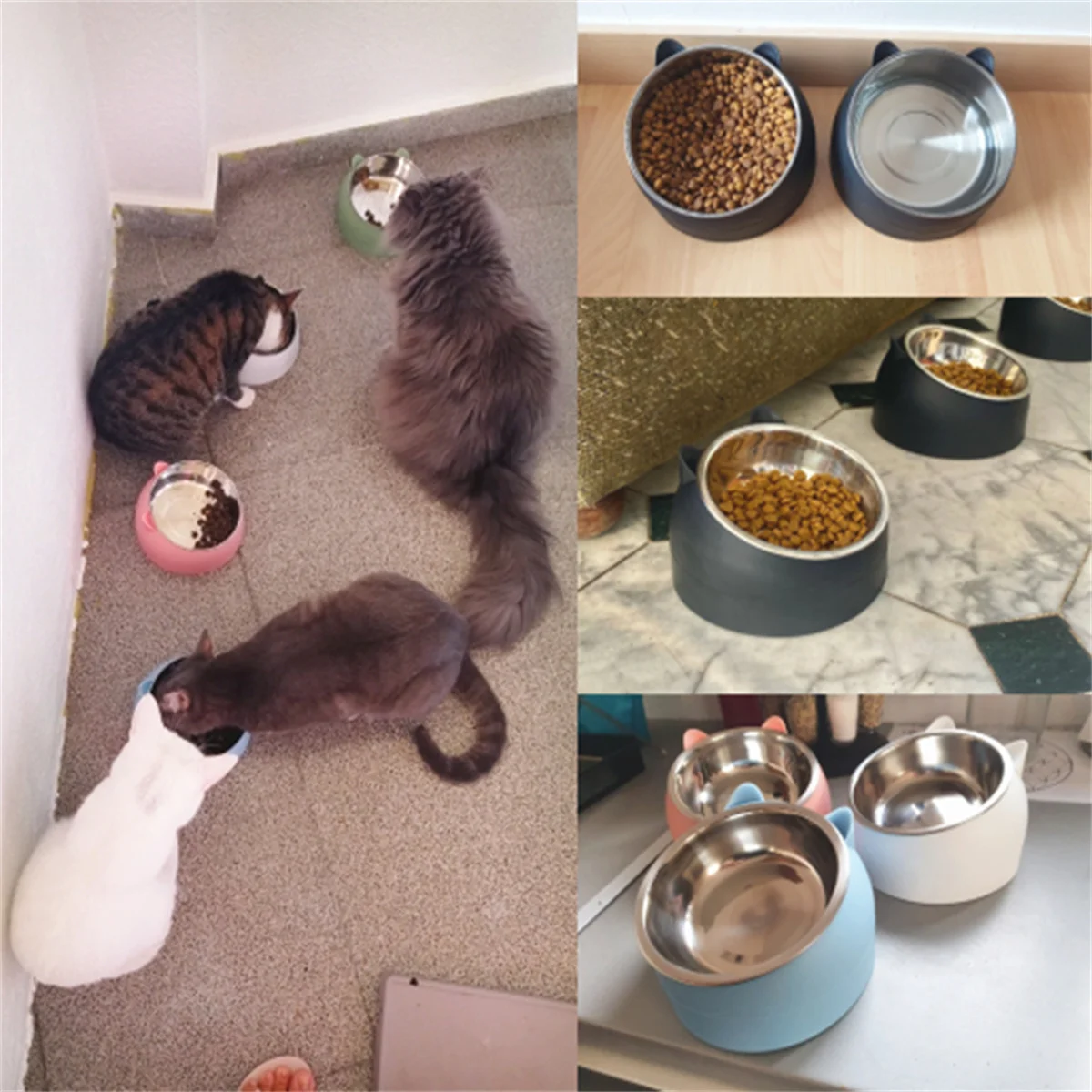 Katt hund bolle 15 grader hevet rustfritt stål sklisikker valpebase kattemat drikkevann mater tilt beskyttelse hals kjæledyr bolle