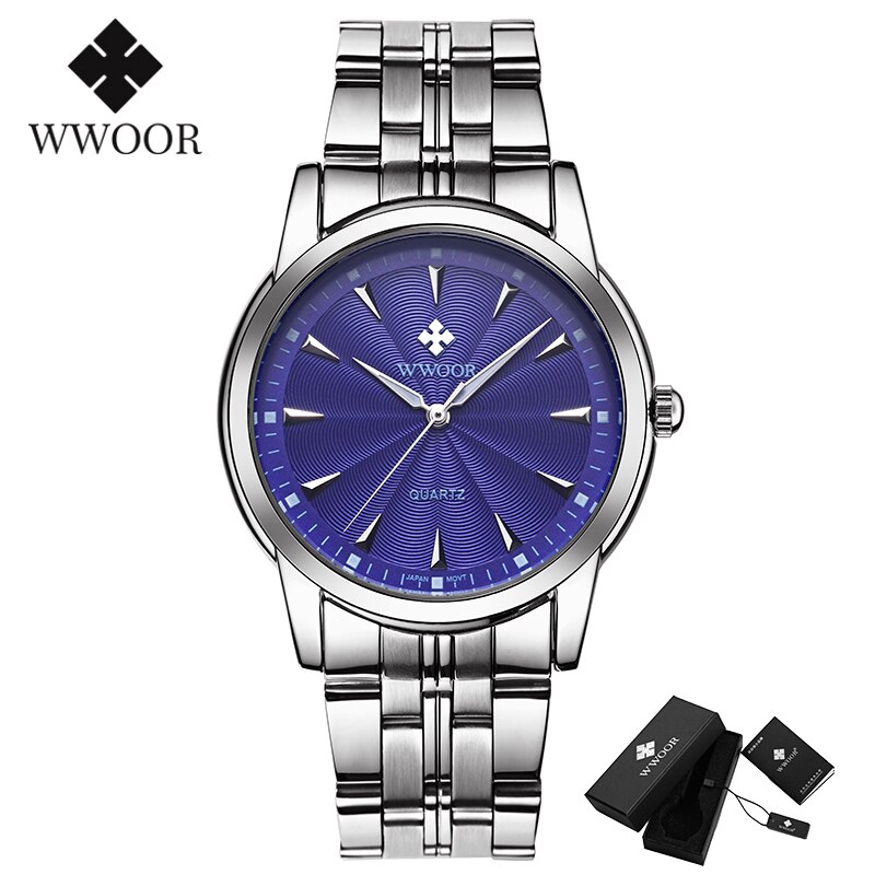 WWOOR Top Brand Luxury Gold Watches For Men Stainless Steel Casual Business Quartz Mens Wrist Watch Waterproof Relogio Masculino: White Blue