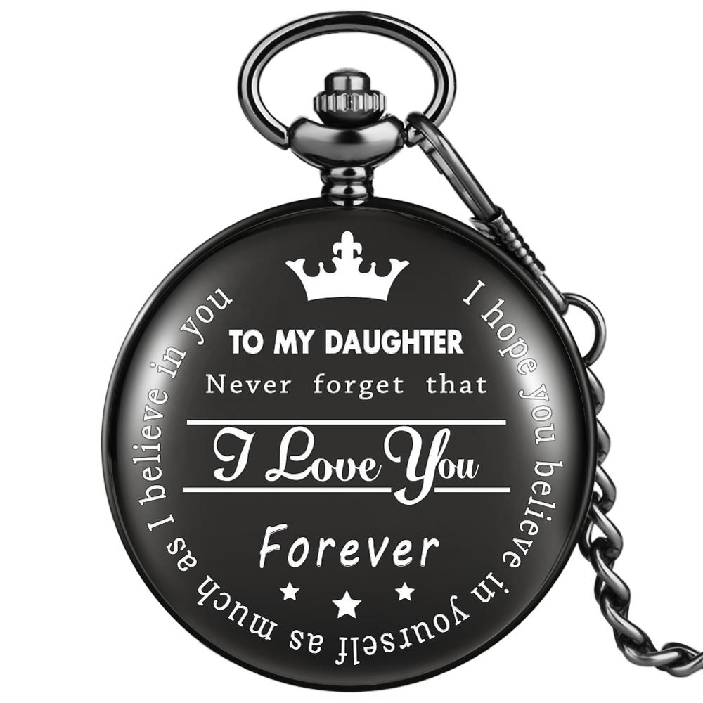 Om Mijn Dochter I Love You Forever Carving Quartz Pocket Horloges Ketting Fob Horloges Ketting Hanger Horloge Unisex Voor meisjes