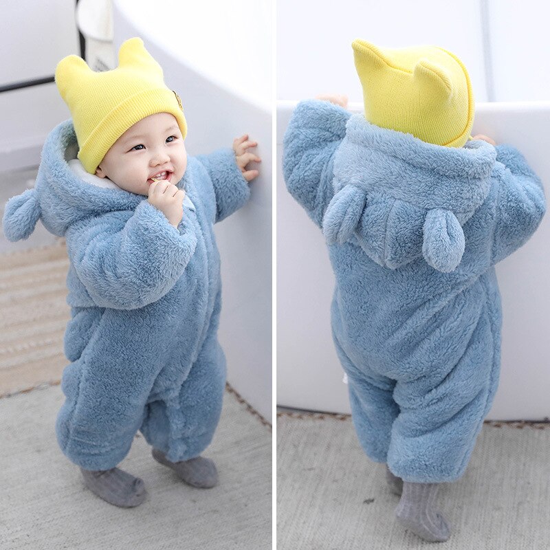 Criança do bebê macacão de inverno engrossar flanela macacão recém-nascido capuz urso macacão infantil menino menina algodão roupas crianças ano novo casaco: Blue / 3M