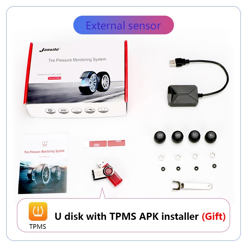 Usb tpms android dekktrykkovervåkingssystem 4 dekk eksterne / indre sensorer temperaturalarm for bilradio dvd bilspiller