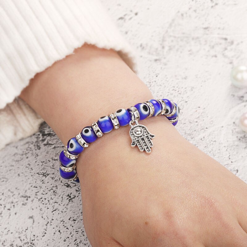 Mode Zilveren Kleur Evil Armband Blue Eye Armbanden Hamsa Hand Voor Vrouwen Bead Charm Armband Etnische Stijl Handgemaakte Sieraden