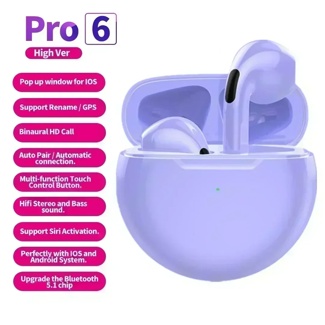 Air Pro 6 TWS Drahtlose Kopfhörer mit Mikrofon Fone Bluetooth Kopfhörer Sport Lauf Headset für Apple iPhone Xiaomi Pro6 Ohrhörer: Lila