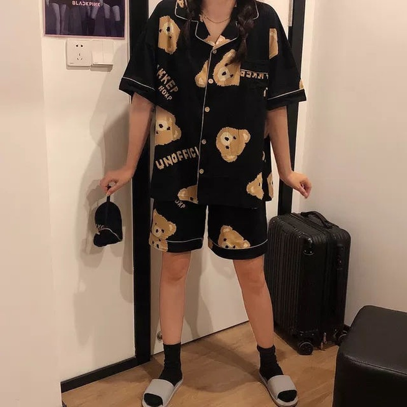 Qweek kvinder pyjamas sæt japansk kawaii pijamas bjørn print pyjamas teen piger hjem tøj turndown krave sommer nattøj