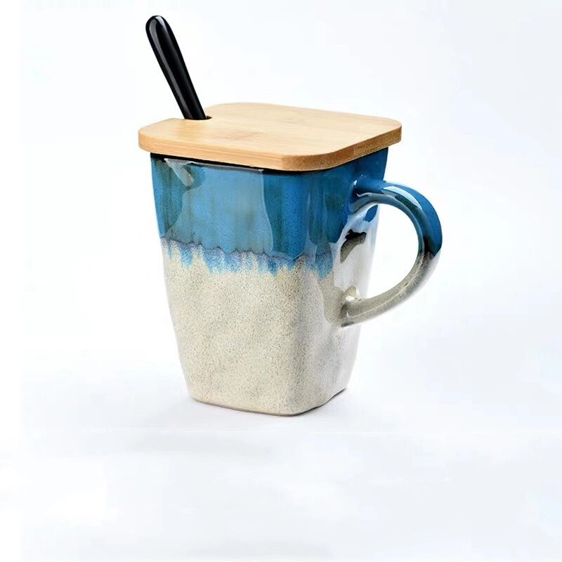 Flow Glaze Square Coffee Mug With Spoon and Lid Retro Tea Cup Simple Household Matte Color Ceramic Milk Water Cup: Blue lid spoon